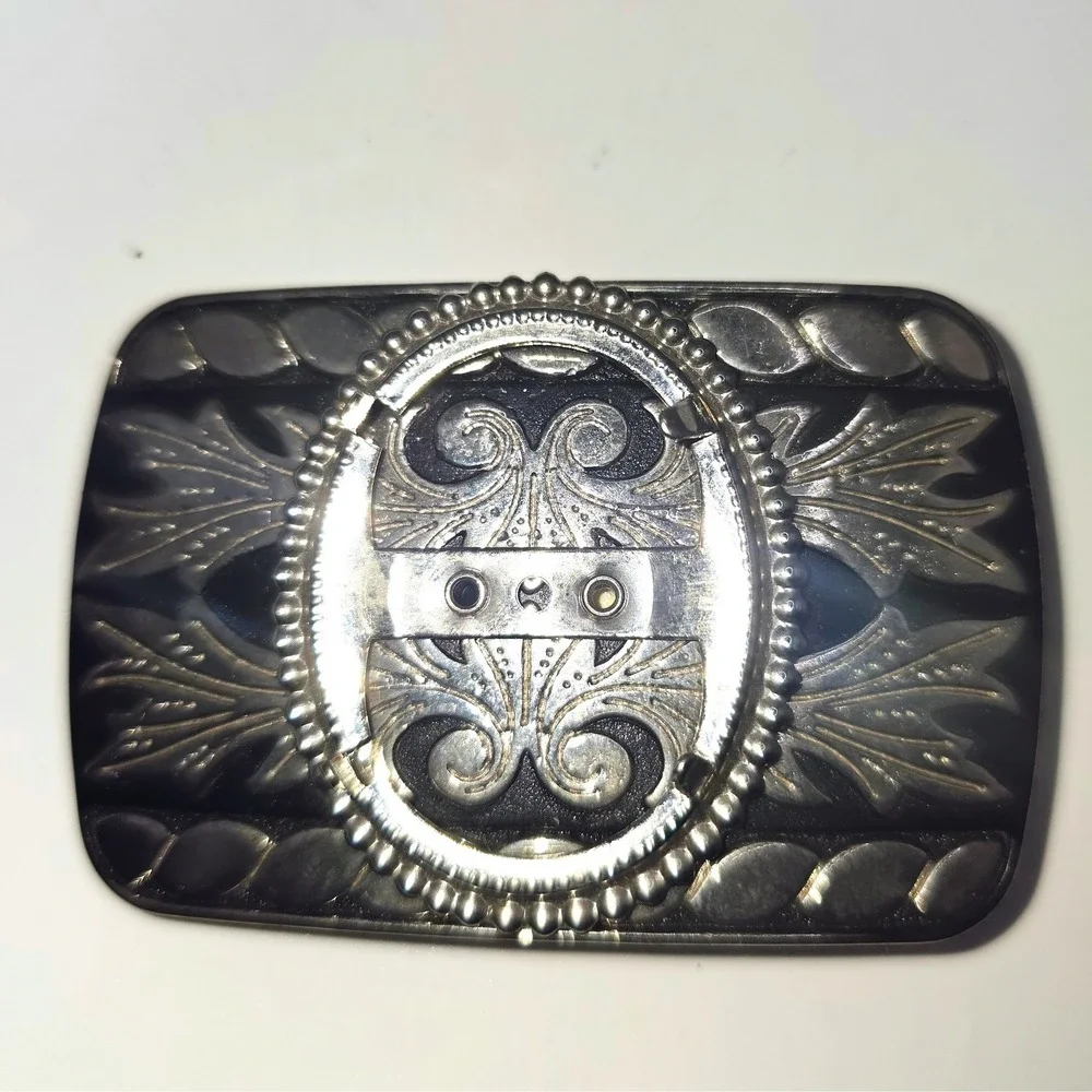Vintage Silver Tone Western Belt Buckle Blank‎ Black Filigree Scrollwork 30x40mm